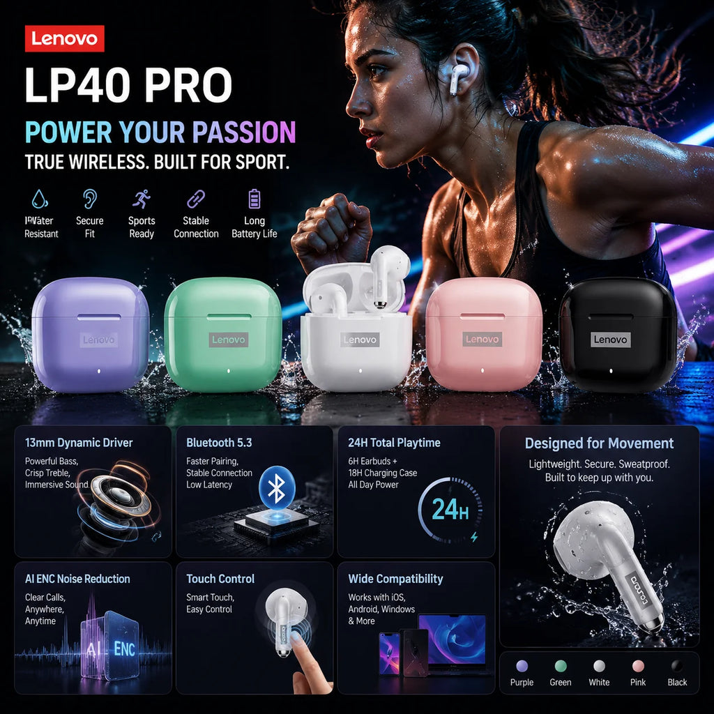 NEW Lenovo LP40 Pro TWS Bluetooth 5.3 Quick Connect Earphones  Ergonomic  Design  Headphones Powerful Transmission Speed Headset
