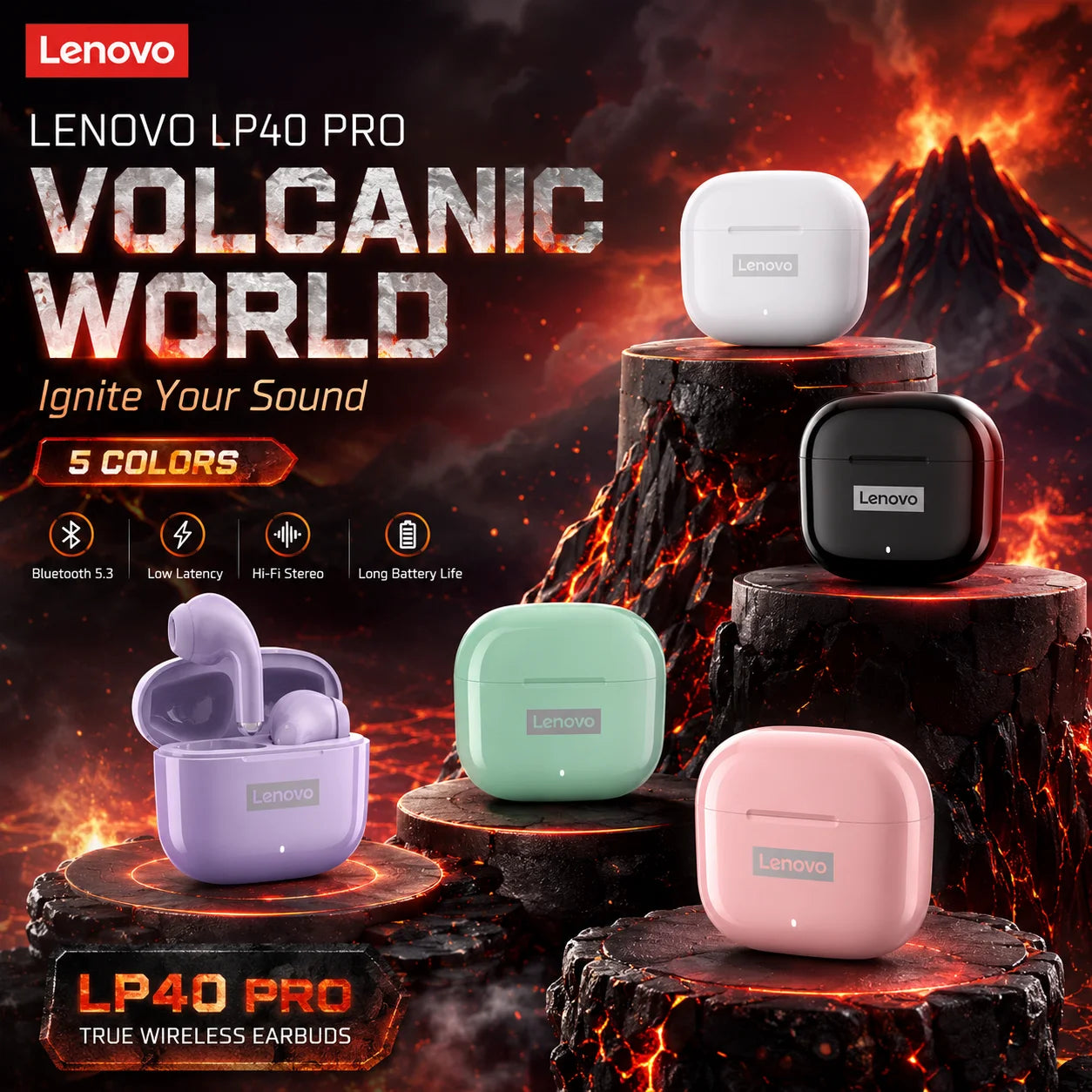NEW Lenovo LP40 Pro TWS Bluetooth 5.3 Quick Connect Earphones  Ergonomic  Design  Headphones Powerful Transmission Speed Headset